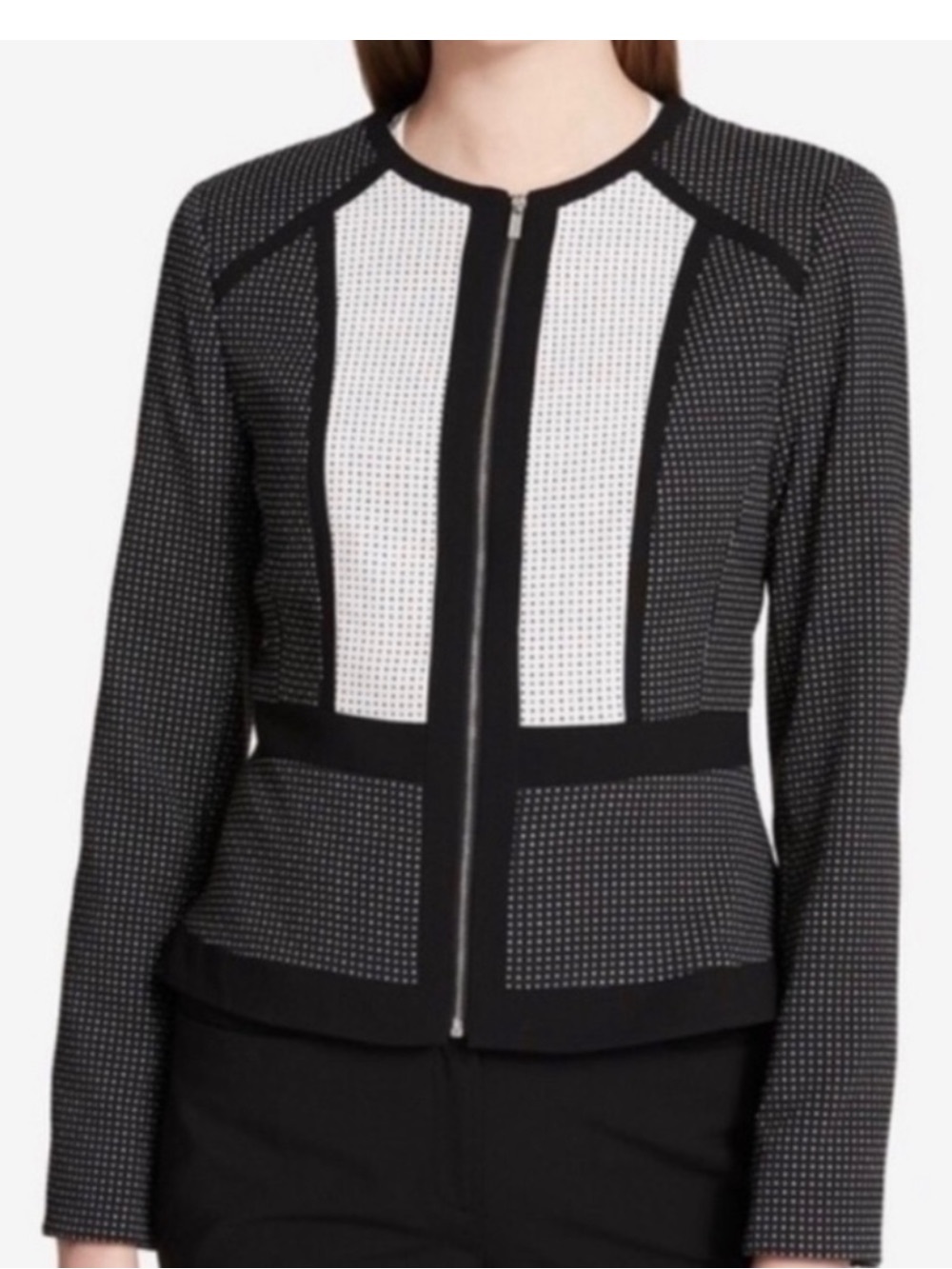 Calvin Klein Black and White Blazer Jacket Size 14 Polka Dots Color Block Zip